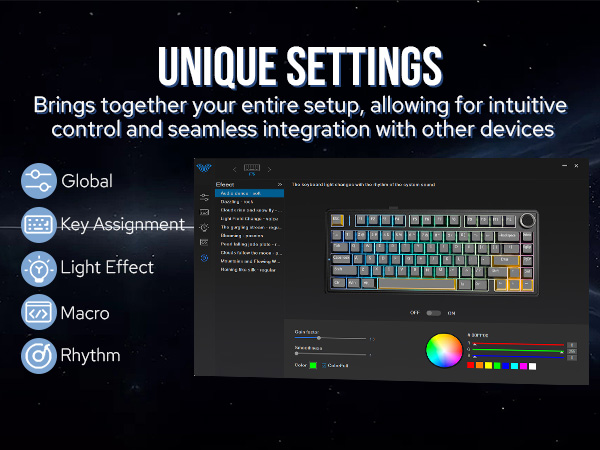Keyboard customization software interface showing settings menu with options for Global, Key Assignment, Light Effect, Macro, and Rhythm controls.
