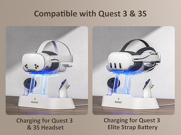 The charging dock is charging the Quest 3 &amp; 3S headset and Elite strap with battery.