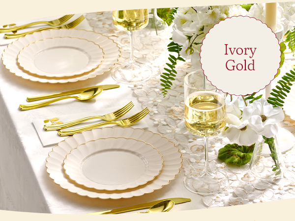 By Madee Ivory Scalloped Plastic Plates with Gold Trim 60 Pcs
