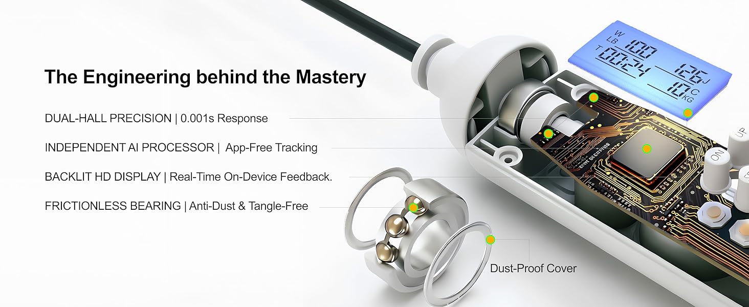 Internal components of multifun 2026 Evolution jump rope handle: AI chip, dual sensors.