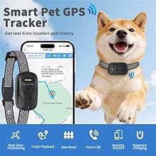 Text reads: 'Smart Pet GPS Tracker' 'Get real-time location and history'. Shows mobile app interface with map, tracking device, and feature icons including Real-time Location, Track Playback, Geo-fence, Voice Call, Remote Monitor, and Magnetic Charging.
