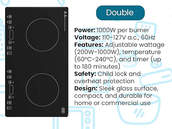 Double induction cooktop with adjustable power, temperature, and safety features