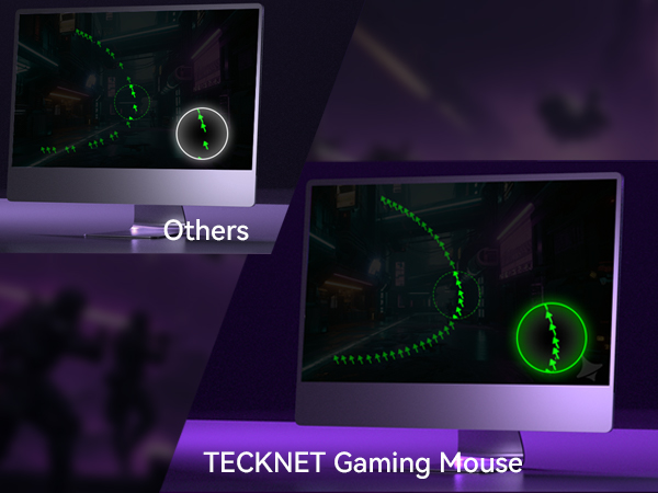 Text reads 'TECKNET Gaming Mouse' and 'Others'. Digital interface showing green dotted tracking lines comparing mouse movement patterns