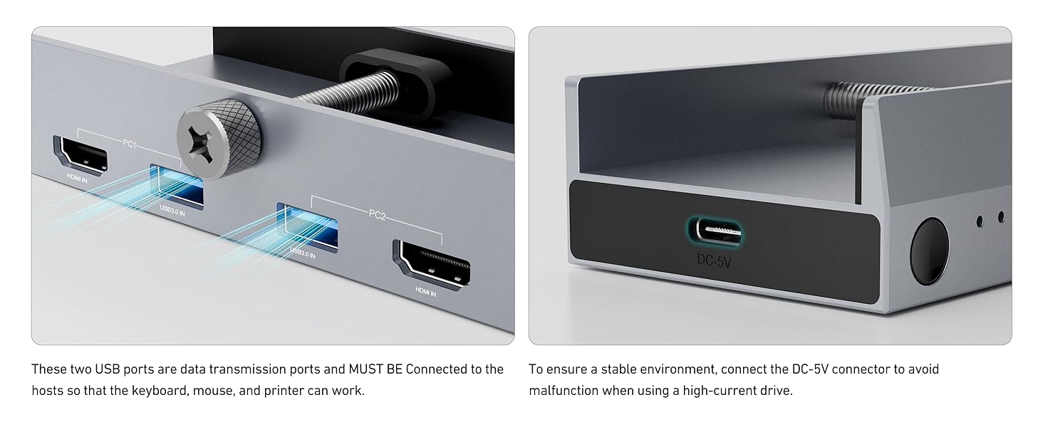 Two panels showing device ports. Left: multiple ports including USB-C and HDMI. Right: single USB-C port on a compact metal device.