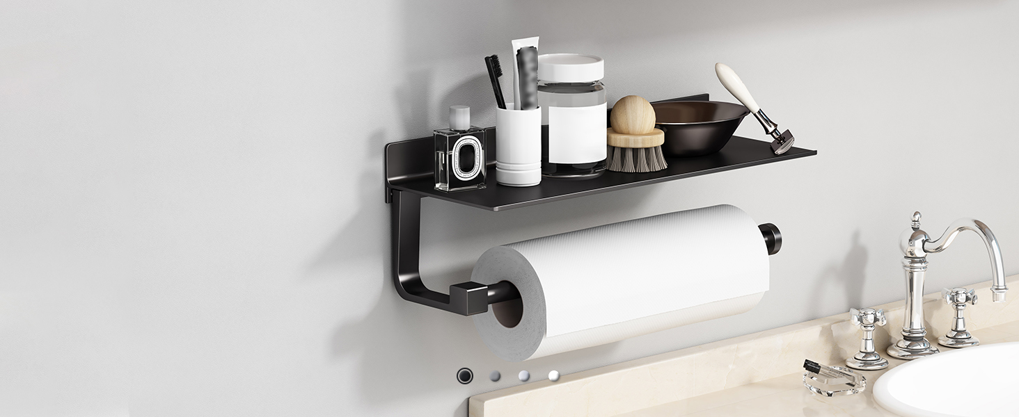 Bathroom paper towel holder with shelf