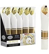 240 Pieces Pre Rolled Cutlery And Napkins Set with Heavy Duty Full Size Polished Gold Cutlery, 60...