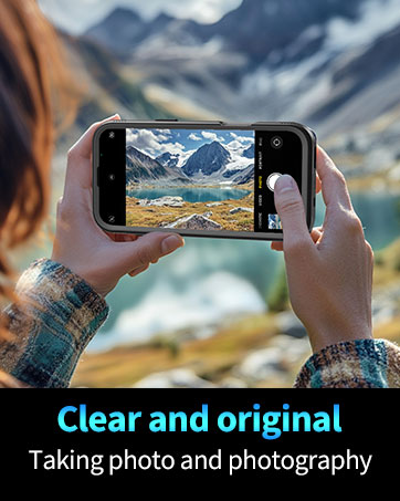 Hands holding a smartphone, taking a photo of a mountainous landscape. Text below reads 'Clear and original Taking photo and photography'.
