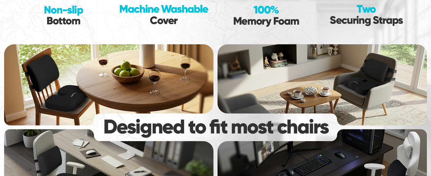 comparing seat cushion and lumbar pillow to other competitors, ergonomic, washable covers, sleek