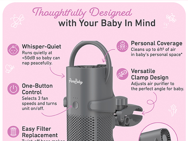 purebaby, air purifier, baby air purifier, small air purifier, air purifier with clamp, clean air