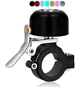 Bicycle bell with black dome, silver lever, and handlebar mount. Colored dots above indicate customizable top options.