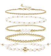 GOOJIDS Tiny Pearl Gold Heart Beaded Bracelets For Women Dainty Gold Plated Pearls Stack Gold Lay...