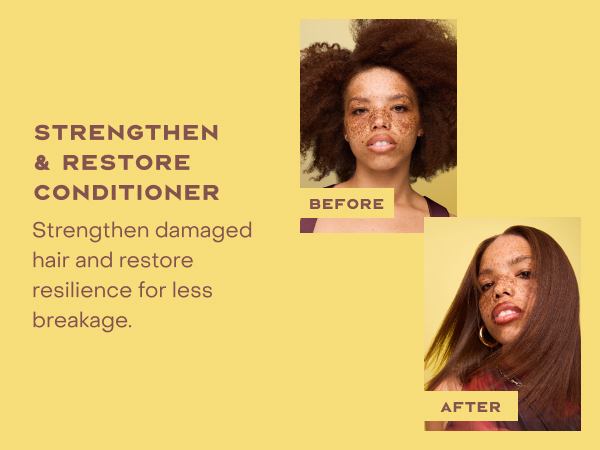 2 images of the same woman before &amp; after applying our treatment for healthy-looking hair.