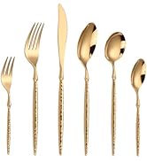 24-Piece Flatware Set 18/10 Stainless Steel with Hammered Handle Cutlery Set Service for 4, Mirro...
