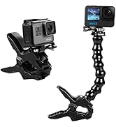 Action camera accessories: black clip mount and flexible gooseneck clamp mount. Left clip holds gray camera, right clamp supports black camera with blue screen. Both mounts feature adjustable grips.