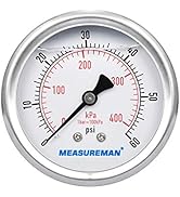 MEASUREMAN 2-1/2inch Dial Size, Liquid Filled Pressure Gauge, 0-60psi/400kpa, 304 Stainless Steel...
