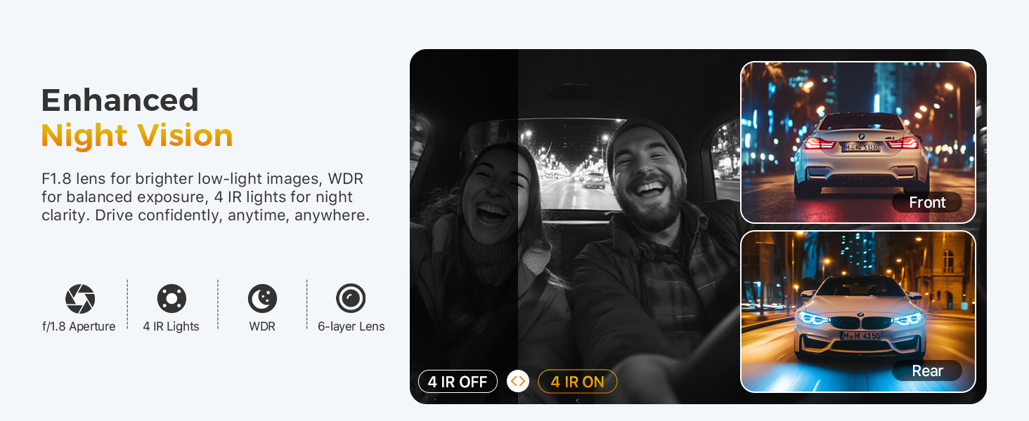 Enhanced night vision display showing before/after comparison of dark scene and brightly illuminated nighttime view, with camera interface icons below.