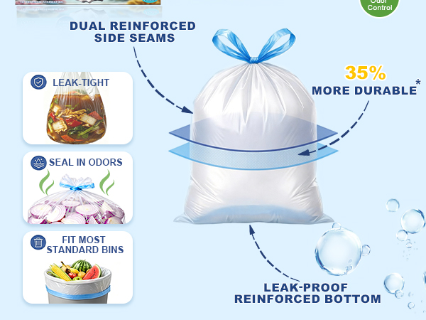 SEAL IN ODORS; FIT MOST STANDARD BINS; 35% more durable*; Dual reinforced side seams