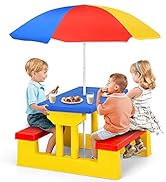 HONEY JOY Kids Picnic Table, Toddler Plastic Outdoor Table &amp; Bench Set with Umbrella, Children Pa...