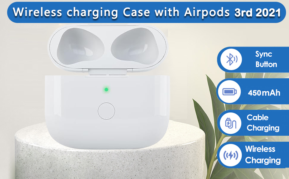 White wireless charging case for AirPods 3rd generation 2021. Features include sync button, 450mAh battery, cable charging, and wireless charging capabilities.