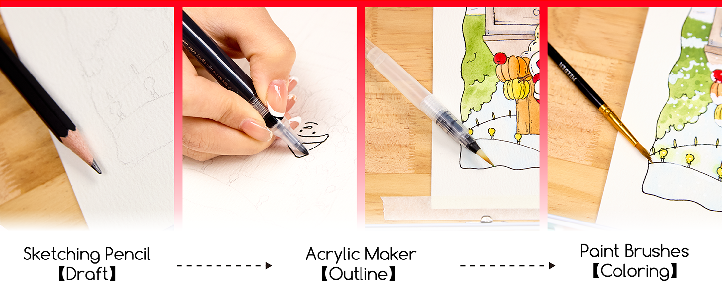 4 steps of watercolor: draft with sketching pencil, outline with acrylic marker, coloring with brush