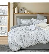 LEMIROE Floral Cotton Comforter Queen Size - Light Grey Comforter Printed with Vintage Ivory Flow...