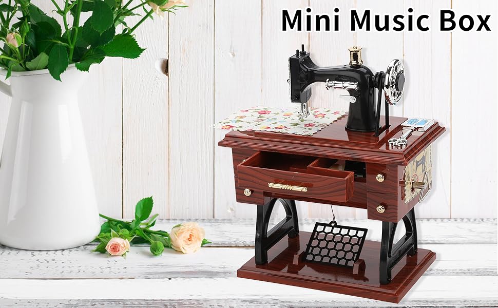 Artyea Vintage Mini Sewing Machine Style Plastic Music Box Table Desk Decoration Toy Gift for Kid