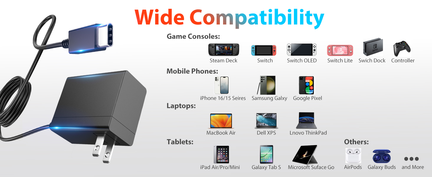 Charger for Nintendo Switch, 45W AC Adapter, Switch Lite/ Switch OLED/Steam Deck/ Switch TV Mode