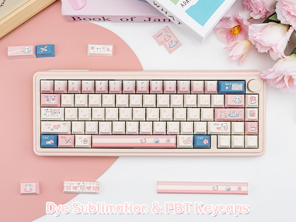 PBT Keycaps, Dye-Sub Cherry Profile Custom Keycaps, 150 Full Keys Cute Pink White Keycaps