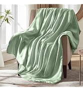 MILVOWOC Sage Green Satin Throw Blanket - 50 x 60 Inches, Cooling Packable Lightweight Satin Blan...