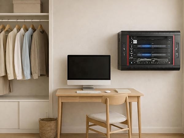 home office with a clean, minimalist style. An 6U server rack is placed
