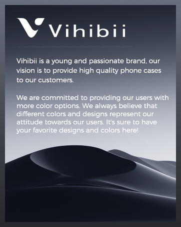 Marketing text for Vihibii brand, describing their focus on high-quality phone cases with diverse color options. Dark background with curved light lines.