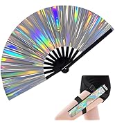 EOSAU Large Holographic Rave Fan Folding Hand Fans for Line Dancing Portable Handheld Clack Fan w...