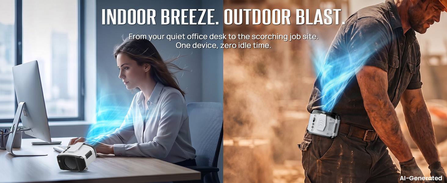 mini waist fan shifts from quiet indoor air to stronger outdoor cooling when needed