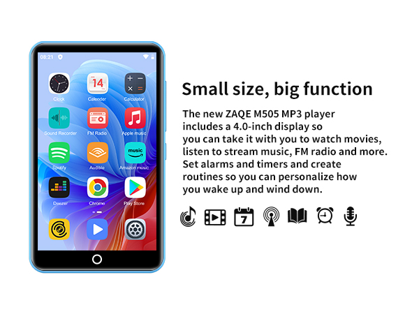 Smartphone interface mockup showing app icons, with text describing features including 4.0-inch display for movies, music, and alarms.