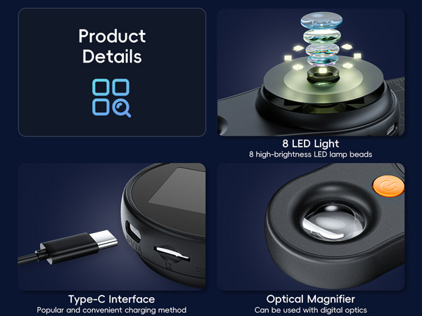 Product details for a device with 8 LED lights, optical magnifier, and Type-C interface. Dark background with blue text and product images.