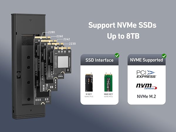 NVMe SSD adapter supporting up to 8TB. Shows multiple SSD slots, interface types (M.2, NVMe), and PCIe compatibility. Features black enclosure with expandable design for different SSD sizes.