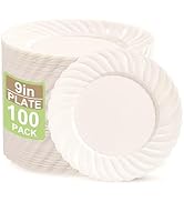 U-QE 100 Count 9 Inch Ivory Plastic Plates for Party - Scalloped Disposable Dinner Plates - Premi...