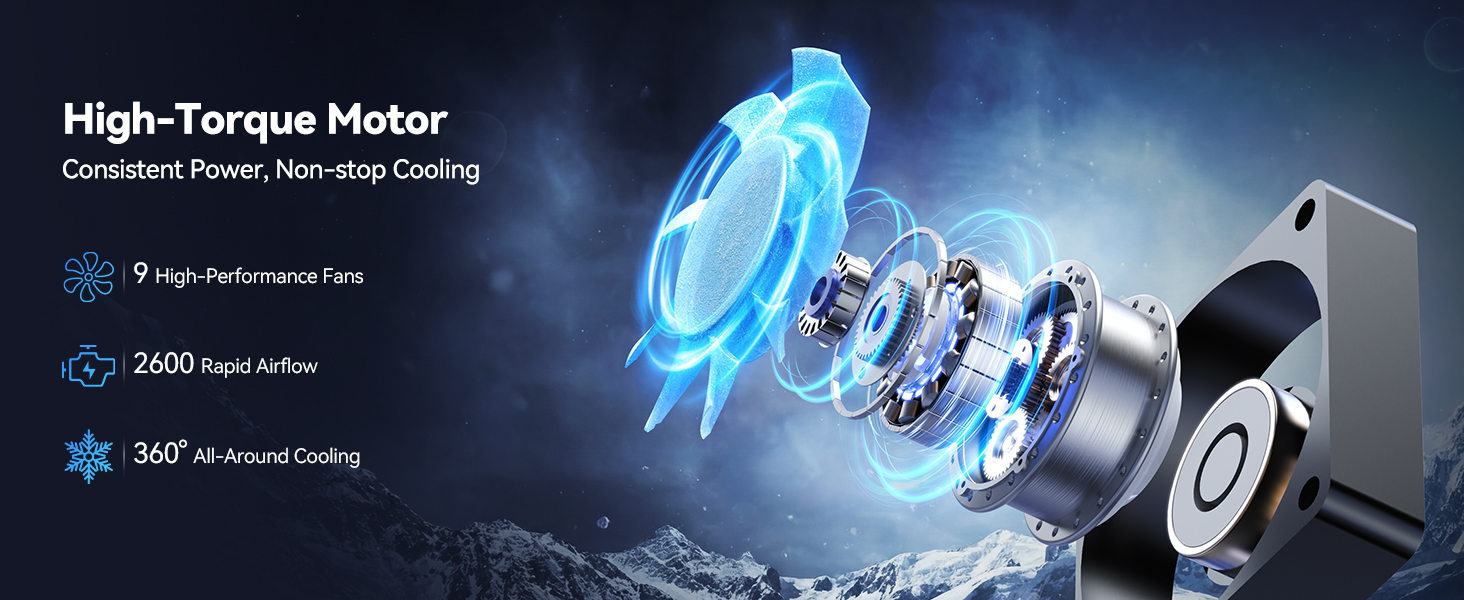 Text reads 'High-Torque Motor' with technical product specifications and performance metrics displayed on blue gradient background with motor components imagery.