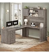 SEDETA Farmhouse L Shaped Desk with Hutch and 3 Drawers, 68.9" Executive Office Desk with File Dr...