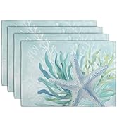 Nautical Coastal Placemats Set of 4 Ocean Coral Starfish Seagrass Beach Theme Table Mat 12x18 Inc...