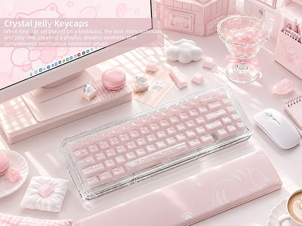 Clear Jelly Keycaps, Pink Cat Shine Through Keycaps Thick PC+ABS Crystal Translucent Keycaps