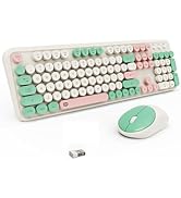 Wireless Keyboard and Mouse Set, 105 Keys Full-Size Cute Colorful Keyboard and Mouse with Retro T...
