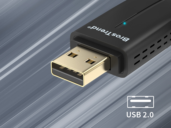 Closeup of BrosTrend USB WiFi Adapter Showing Gold USB 2.0 Port Also Works with USB 3.0