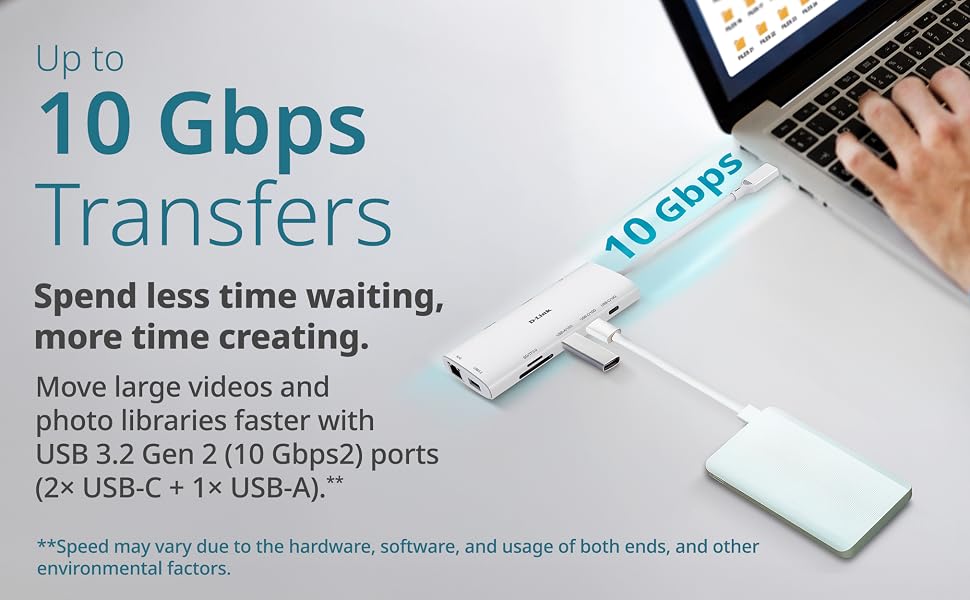 10 Gbps transfer large files, 4K videos, and high resolution photos