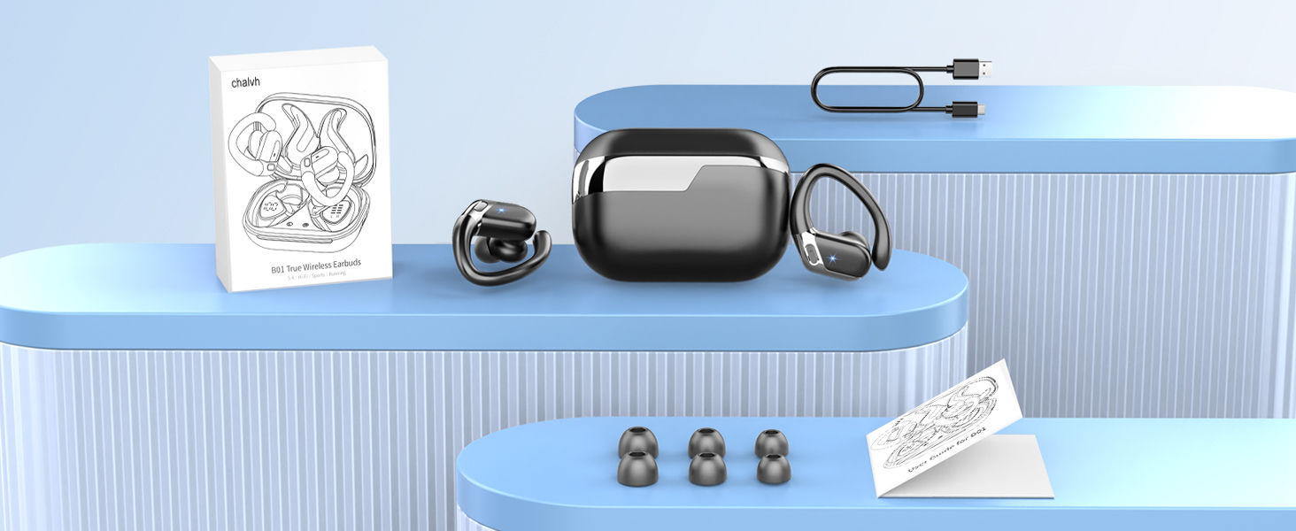 Compact electronic device with earbuds and charging case on a light blue surface. Includes a small metal clip and illustrated instructions.