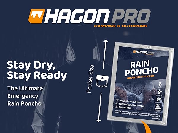 Emergency rain poncho in use during heavy rain with product showcase in white and red