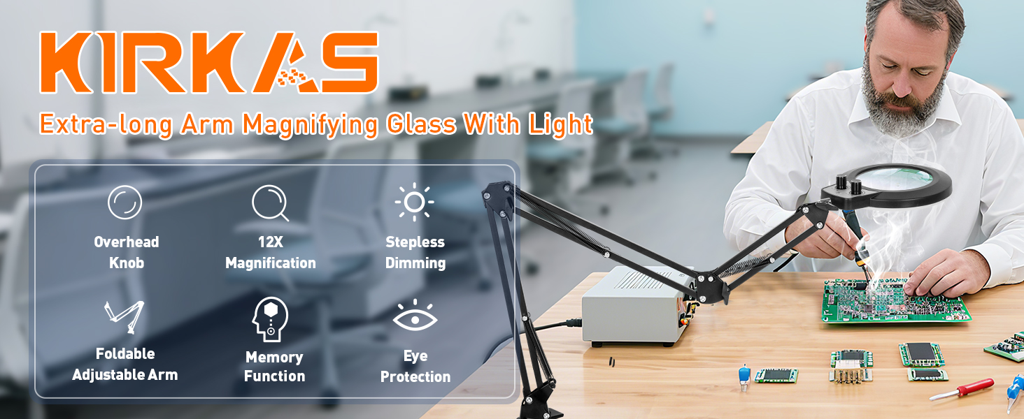 12X Magnifying Glass with Light Clamp Extra-long Arm Overhead Knob Workbench Lighted Magnifier Lamp