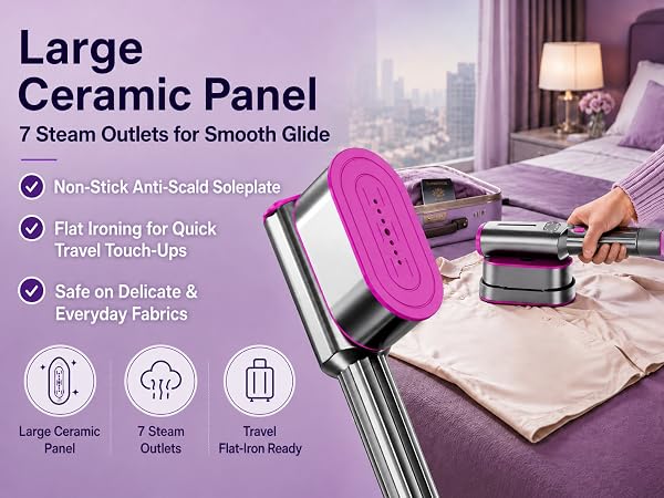 Large ceramic panel, non-stick anti-scald soleplate, 7 steam outlets for smooth glide