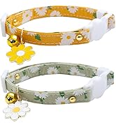 2 Pack Cotton Breakaway Cat Collars with Bell Flower Pendant Kitty Kitten Collars Yellow Green Co...