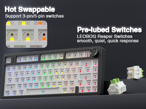 hot swappable mechanical custom keyboard creamy sound pre-lubed switches south-facing lighting